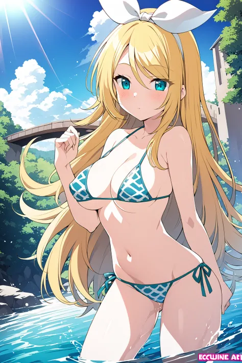 anime girl in a bikini in the water with a bridge in the background, seductive anime girl, , beautiful anime girl, ecchi anime style, blonde anime girl with long hair, beautiful alluring anime woman, ecchi, attractive anime girl, splash art anime , pretty ...