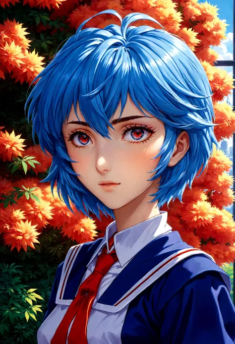 1girl, ayanami rei, neon genesis evangelion, a girl with blue hair and red eyes, anime style, 90s anime, school uniform, kawaii, detailed face, detailed eyes, detailed hair, beautiful detailed eyes, beautiful detailed lips, extremely detailed eyes and face...