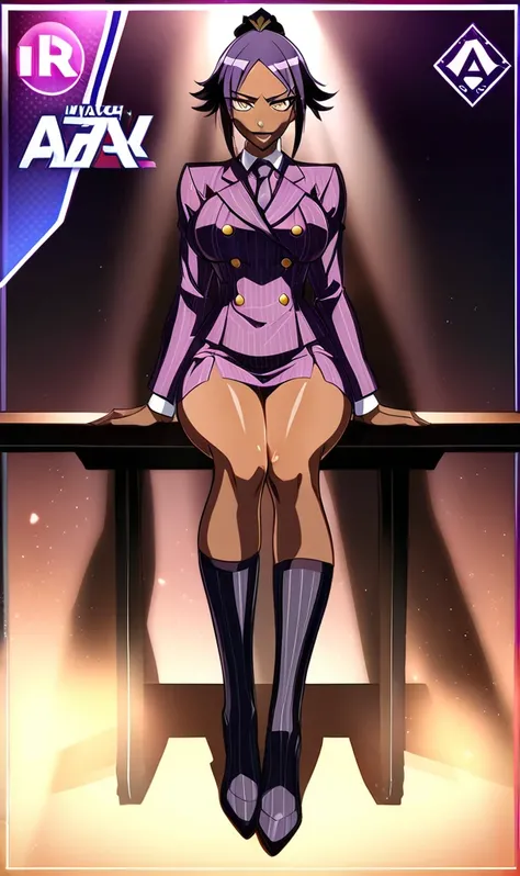  Full body Yoruichi as a thin Black business woman in a double breasted pinstripe purple  skirt suit while wearing a tie with a long purple pinstripe skirt and with long black knee socks full art and make her sit down also give her thin legs