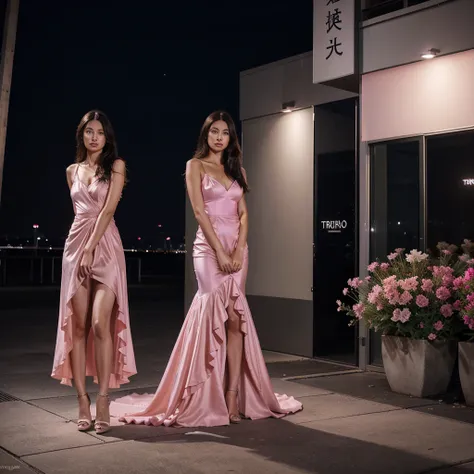 Female supermodel. Pink evening dress. Standing. Roppongi Art Triangle (ATRO), 21_21 DESIGN SIGHT.