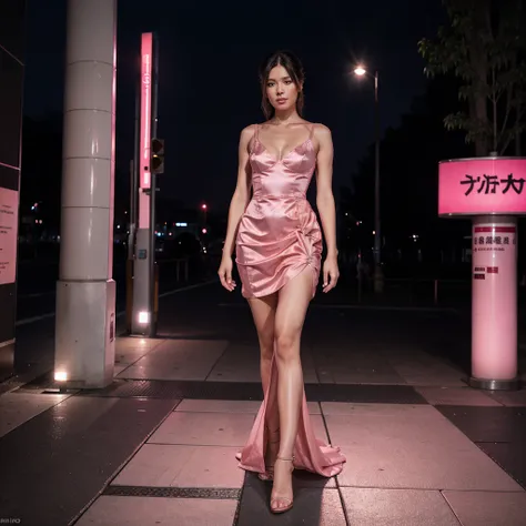 Female supermodel. Pink evening dress. Standing. Roppongi Art Triangle (ATRO), 21_21 DESIGN SIGHT.