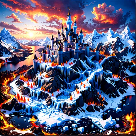 a panoramic award winning photography, photorealistic, extremely detailed of a castle made from (ice: 1.3), standing on the peak...