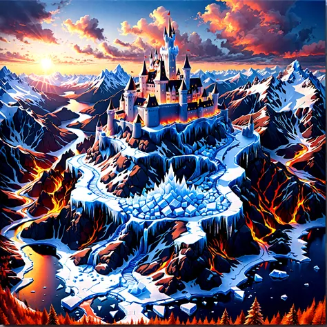 a panoramic award winning photography, photorealistic, extremely detailed of a castle made from (ice: 1.3), standing on the peak...