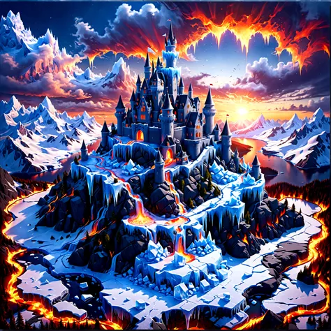 a panoramic award winning photography, photorealistic, extremely detailed of a castle made from (ice: 1.3), standing on the peak...