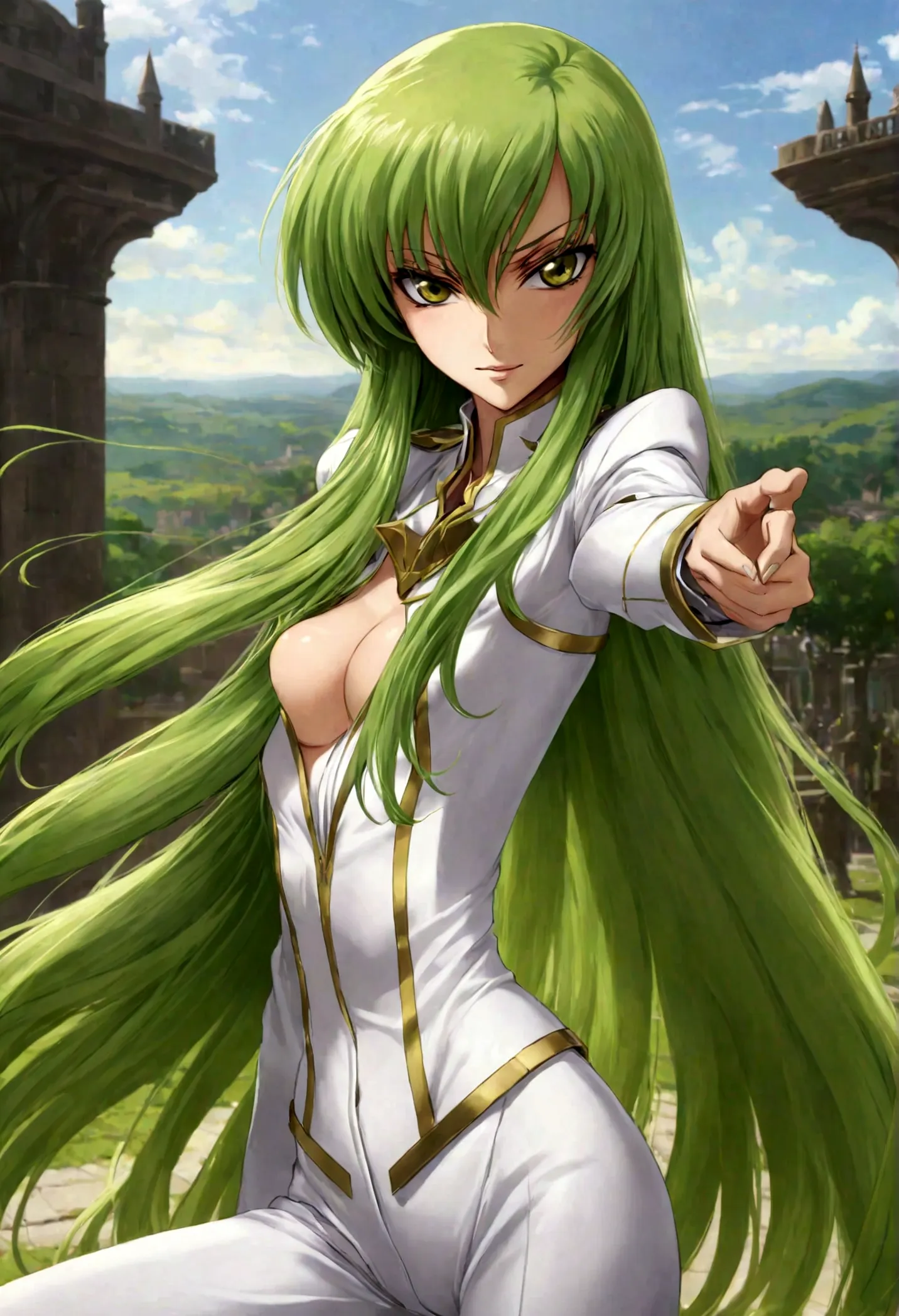 1girl, code geass, c.c., "code geass lelouch of the rebellion", solo, (green hair), cc_codegeass, hair between eyes, very long h...