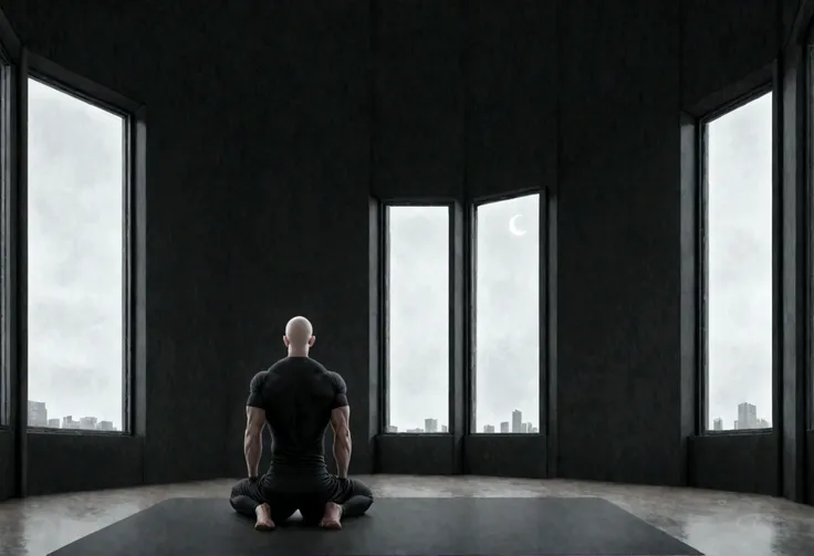 a gym , minimalist, high tech room design with large bay window, a crescent moon in the sky . a lone bald man, thin and muscular...