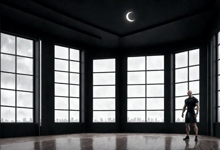 a gym , minimalist, high tech room design with large bay window, a crescent moon in the sky . a lone bald man, thin and muscular...