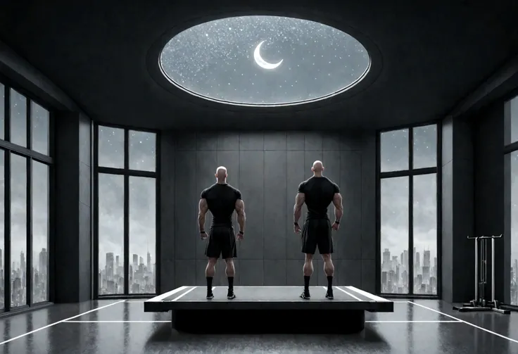 a gym , minimalist, high tech room design with large bay window, a crescent moon in the sky . a lone bald man, thin and muscular...