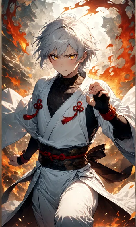 (1 male,gabimaru,Androgynous short hair,white hair,White ninja costume,Gabimaru is a slim androgynous man,Listless,Droopy eyes,Yellow Eyes),,Moderate dirt,Intricate details,,Decadent,artwork,rendering,(masterpiece:1.3),(highest quality:1.4),(Super detailed...