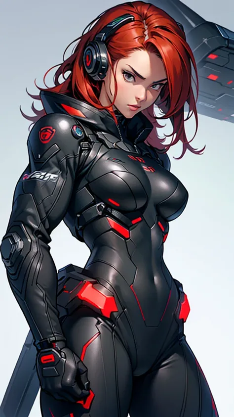 Beautiful cybernetic girl in black mobile cybernetic battle suit detailed muscles realistic masterpieces full figure pose (best quality,ultra-detailed), red-haired girl, brown eyes, fair skin, fit body, slim figure, narrow waist, large buttocks, (cocky exp...