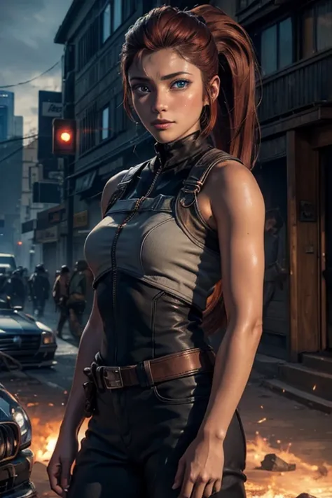 
iliaamitola, ilia amitola, smiling, long hair, blue eyes, brown hair, ponytail, dark skin, dark-skinned female, BREAK bare shoulders, bodysuit, BREAK city street, bonfires, wrecked vehicles, crowd, (crowd in military dress), post-apocalypse, dystopian fut...