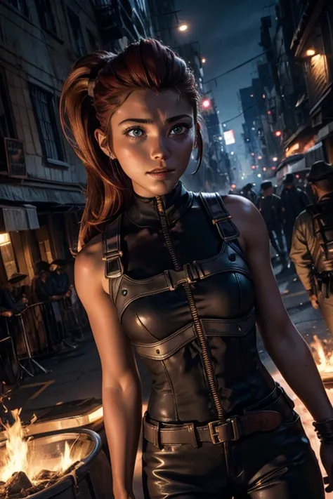 
iliaamitola, ilia amitola, smiling, long hair, blue eyes, brown hair, ponytail, dark skin, dark-skinned female, BREAK bare shoulders, bodysuit, BREAK city street, bonfires, wrecked vehicles, crowd, (crowd in military dress), post-apocalypse, dystopian fut...