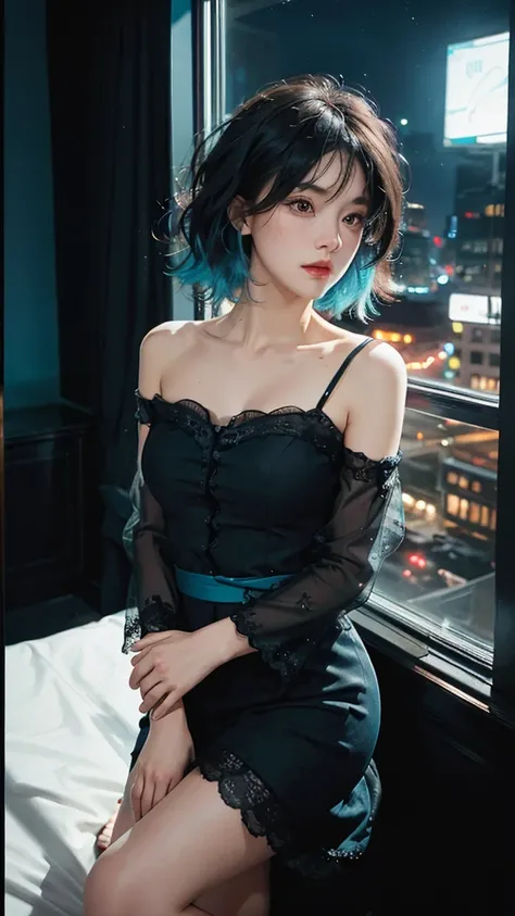 ((High quality, 8k, perfect quality, realistic)), beautiful, perfect face, gazing out the window, nighttime, ((dark room)), Before sleeping, restless, short nightgown, staring at the window, city night view, hair color black and cyan, night city