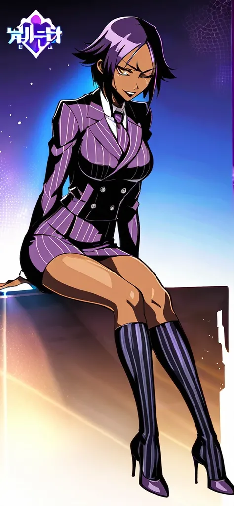  Full body Yoruichi as a thin Black business woman in a double breasted pinstripe purple  skirt suit while wearing a tie with a very long purple pinstripe skirt that covers the legs and with long black knee socks full art and make her sit down also give he...