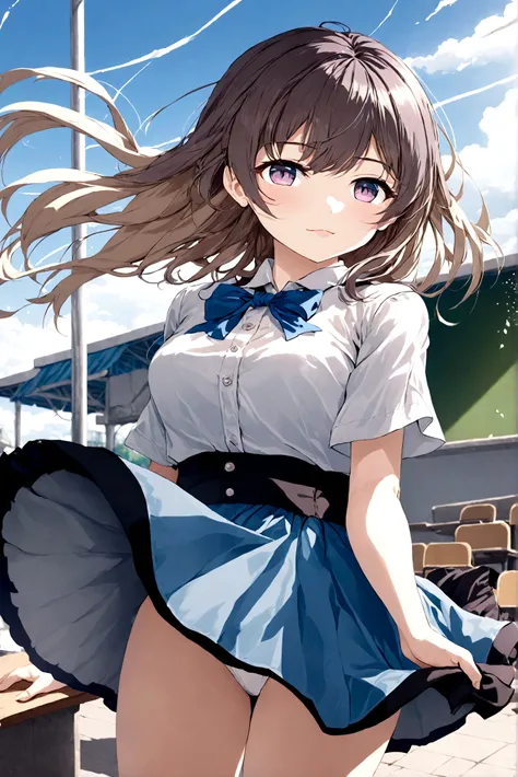 
Navy blue skirt. She is holding her skirt up in the strong wind. Her white cotton panties are visible.
