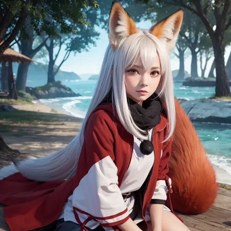 Fox Girl, Fox&#39;s Tail, Nine-Tailed Fox,Fox Ears, Black colored hair, Fox Makeup,One Girl、 Kimono with open chest, Body size is 100-70-90!、Nice body, Avatar, face, Open chest, lewd face, Dominant representation, naughty face,Big Breasts,Emphasize cleavag...