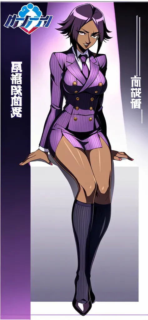  Full body Yoruichi as a thin Black business woman in a double breasted pinstripe purple  skirt suit while wearing a tie with a very long purple pinstripe skirt that covers the legs and with long black knee socks full art and make her sit down also give he...