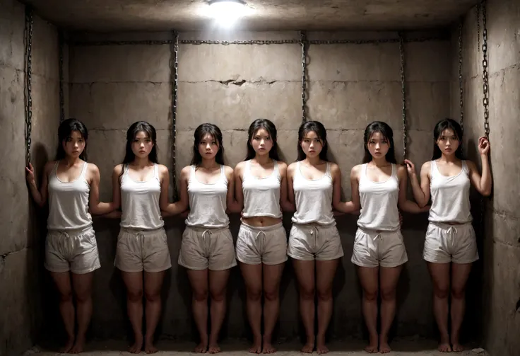 ((best quality)), ((masterpiece)), (detailed), 5girl, five north korean female prisoners lined up against a wall dressed in whit...