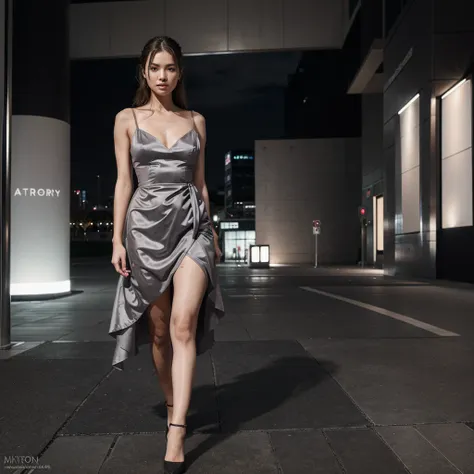 Female supermodel. Grey evening dress. Standing. Roppongi Art Triangle (ATRO), Suntory Museum of Art.