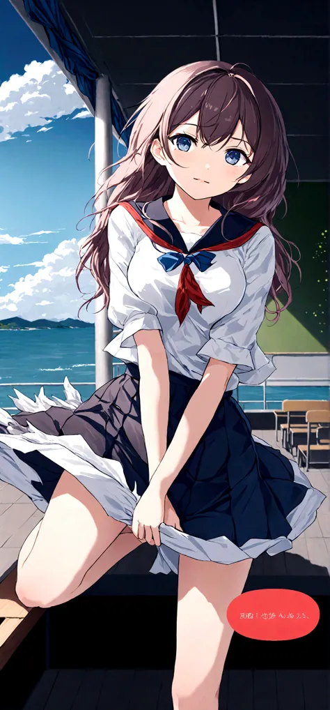 
Navy blue skirt. She is holding her skirt up in the strong wind. Her white cotton panties are visible.
