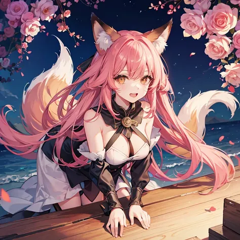 Fox Girl, Fox&#39;s Tail, Nine-Tailed Fox,Fox Ears, Black colored hair, Fox Makeup,One Girl、 Kimono with open chest, Body size is 100-70-90!、Nice body, Avatar, face, Open chest, lewd face, Dominant representation, naughty face,Big Breasts,Emphasize cleavag...