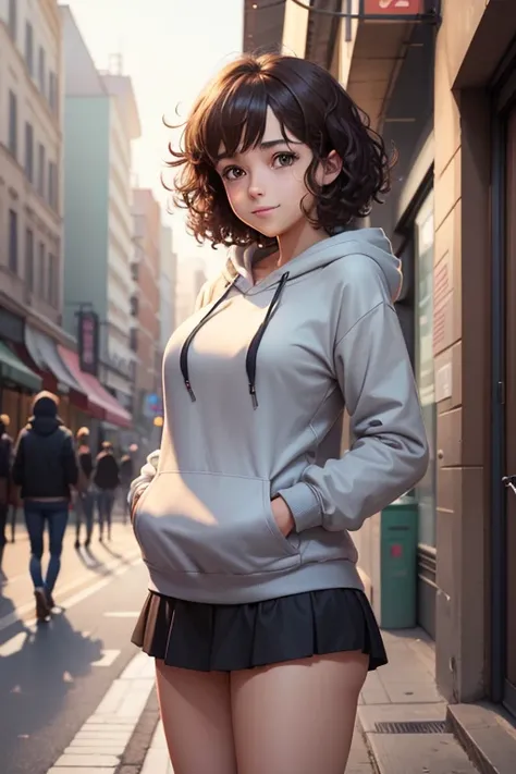 (best quality:0.8) perfect anime illustration, a pretty, happy woman with short curly brown hair on the street in the city, wearing a hoodie, skirt