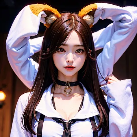 Fox Girl, Fox&#39;s Tail, Nine-Tailed Fox,Fox Ears, Black colored hair, Fox Makeup,One Girl、 Kimono with open chest, Body size is 100-70-90!、Nice body, Avatar, face, Open chest, lewd face, Dominant representation, naughty face,Big Breasts,Emphasize cleavag...