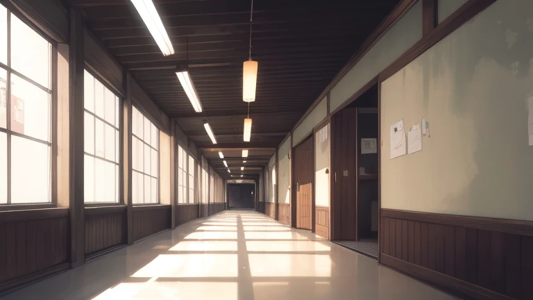 (masterpiece), best quality, ultra detailed, anime background, day, sunlight, school, hallway, Japanese high school