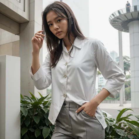 Female supermodel. Singapore Chinese. Jurong Bird Park, Singapore. Gray doctor coat. White formal shirt. Gray trousers. Close-up.