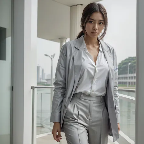 female supermodel. singapore chinese. tuas, singapore. pastel gray doctor coat. white formal shirt. pastel gray trousers. close-...