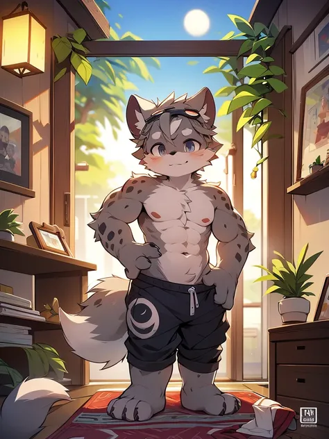 Hyena Boy，Gray fur，Topless, mammal, hairy，Gray Eyes，upscale hotel，goggles，moon tattoo，Cover your crotch with your hands，Normal head-to-body ratio，Abdominal muscles，inventor