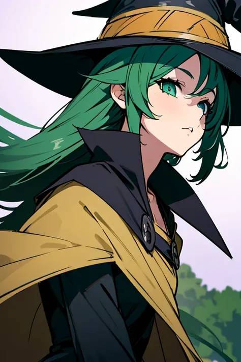 a close up of a person wearing a hat and dress, flirty anime witch casting magic, anime girl with long hair, fashionable dark witch, in a cloak with long hairs, anime girl wearing a black dress, dark witch character, with a green cloak, witch girl, classic...