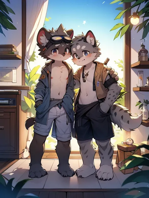 Hyena Boy，Gray fur，Topless, mammal, hairy，Gray Eyes，upscale hotel，goggles，moon tattoo，Cover your crotch with your hands，inventor，laboratory