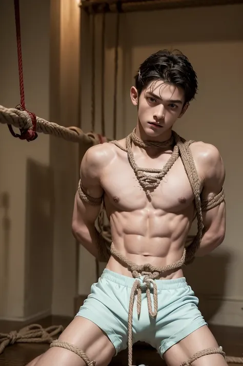 (((18 year old shirtless, very skinny twink))), fair hair, handsome face (((wearing gym shorts))) biceps flexed, kneeling, ((((Trussed up completely with rope)))), ((((very tight rope crossed over chest)))), sweating, wet skin, Afraid in a dungeon with can...