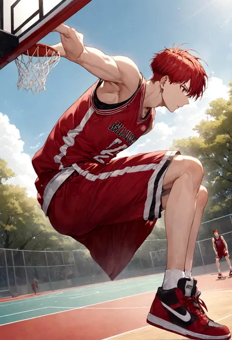 1boy, Hanamichi Sakuragi, Slam Dunk, red hair, short hair, tall, vest, Basketball Court, dynamic pose, best quality, masterpiece, very aesthetic, perfect composition, intricate details, ultra-detailed