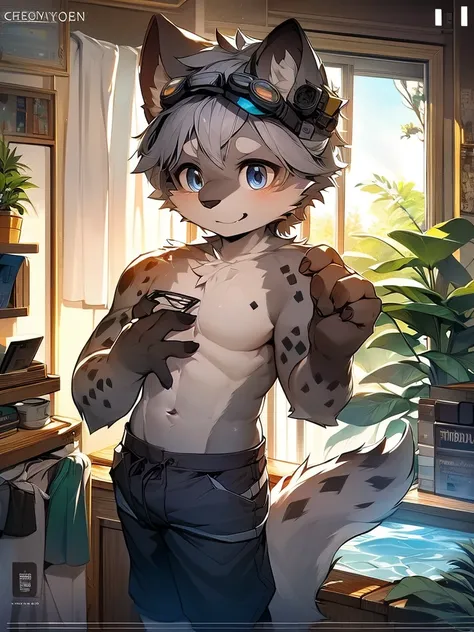 Hyena Boy，Gray fur，Topless, mammal, hairy，Gray Eyes，upscale hotel，goggles，moon tattoo，Cover your crotch with your hands，inventor，laboratory