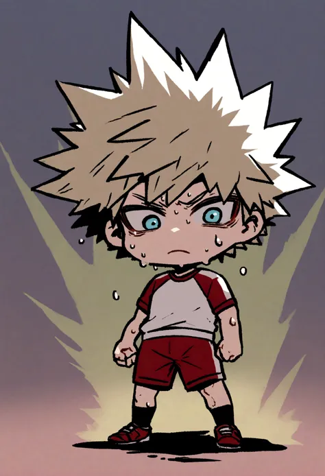 Illustrate Chibi bakugo in gym clothes, full body , sweat dripping down his face, with a look of fierce determination