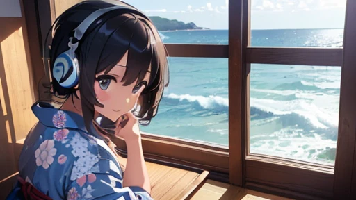 ((masterpiece, 最high quality, 超High resolution, High resolution)), (high quality), (Best illustrations), ((Beautiful fingers)), the 90s, (small detailed delicate face),girl, Shortcuts, cute, yukata, Japan, Ocean ,The best smile, Sit by the window, looking ...