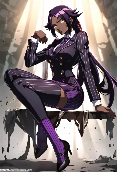 full body yoruichi as a thin black business woman in a double breasted pinstripe purple  skirt suit while wearing a tie with a v...