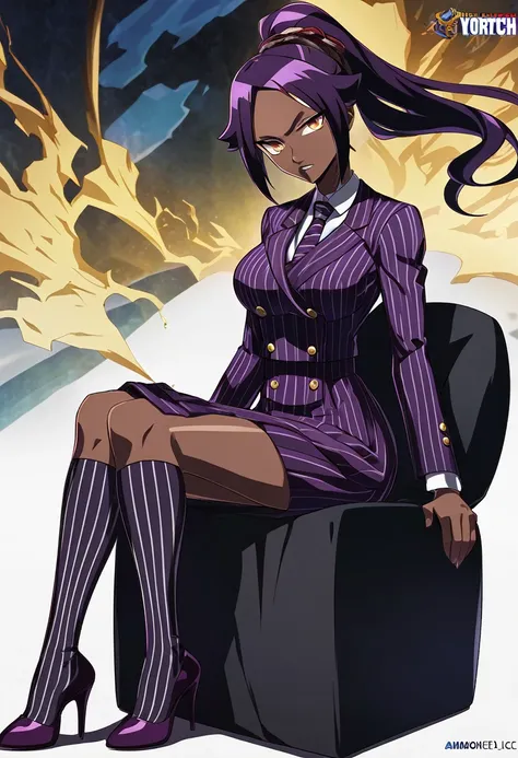 full body yoruichi as a thin black business woman in a double breasted pinstripe purple  skirt suit while wearing a tie with a v...