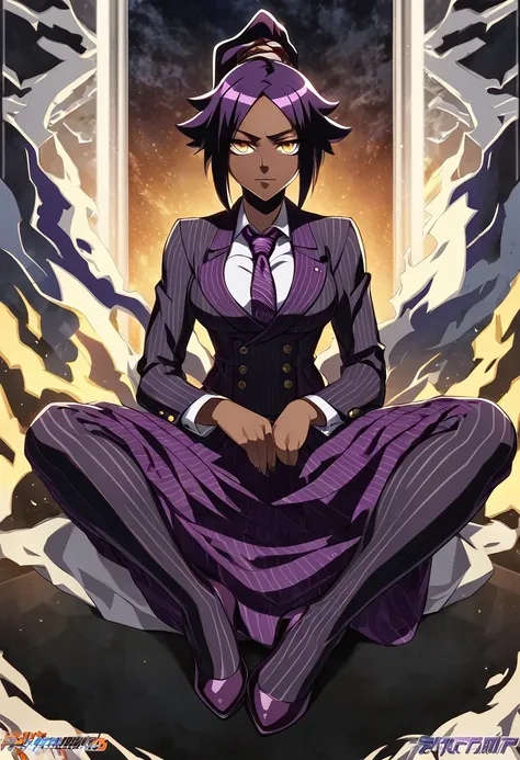  Full body Yoruichi as a thin Black business woman in a double breasted pinstripe purple  skirt suit while wearing a tie with a very long purple pinstripe skirt and with purple knee sock’s wearing purple heels while sitting full art anime 