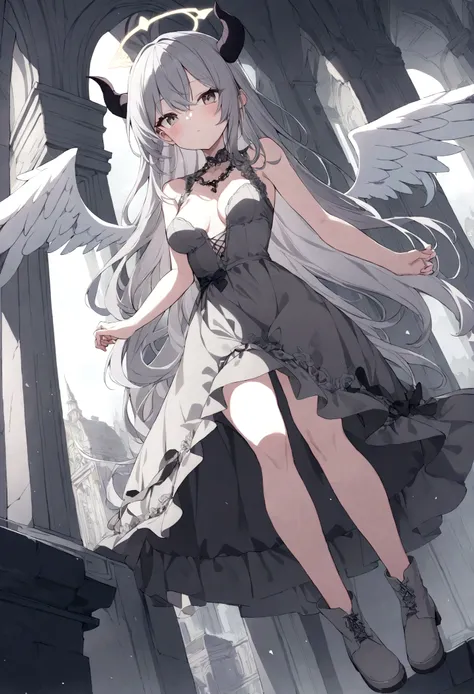 1girl, gray hair, long hair, demon horns, angel halo, medium breasts, gray dress, gray boots, four wings, angel wings, demon wings, 