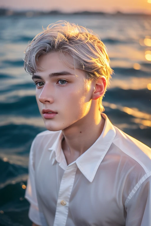 20-year-old boy with very light gray hair, long hair, white skin, thin. Golden amber eyes, with fine features. With an old wet and transparent white shirt, shirt without a collar. With your gaze upward. Inside the sea, crystal clear water, sunset.