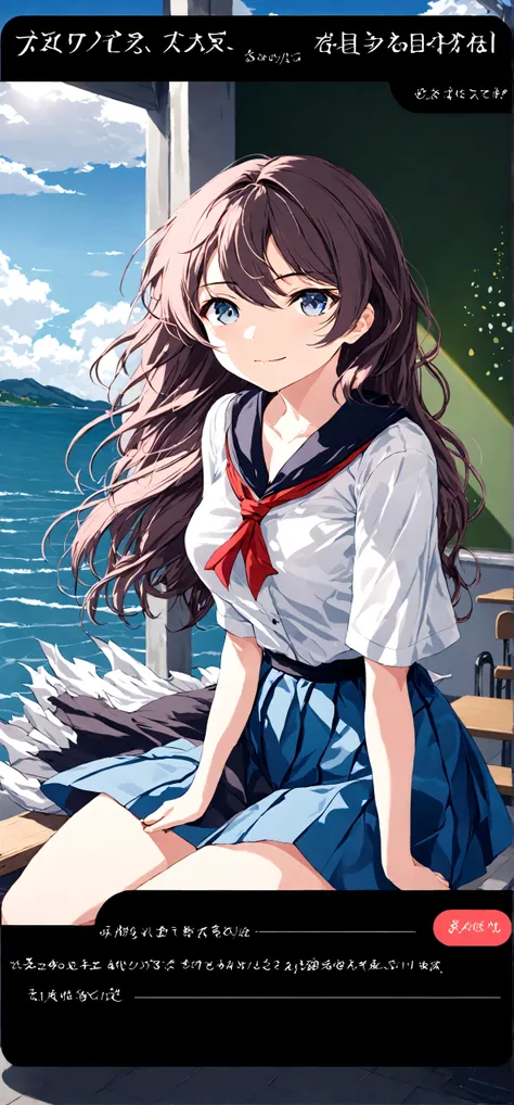 
Navy blue skirt. She is holding her skirt up in the strong wind. Her white cotton panties are visible.
