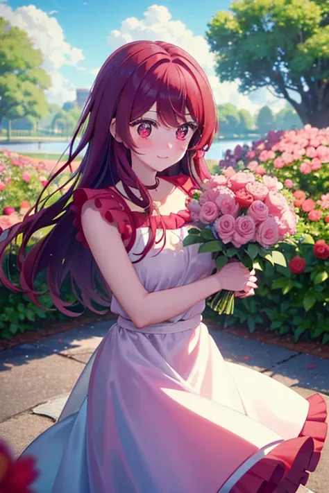 A red haired woman with red eyes with an hourglass figure in a cute summer dress is holding a bouquet of peonies with a blush at the park