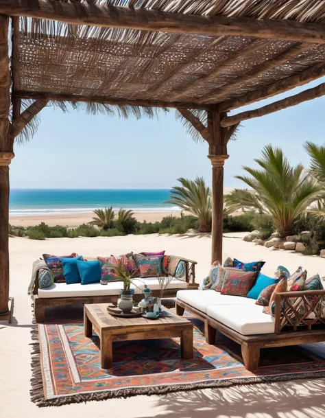 rustic-style outdoor lounge with pergola, morocco style furniture ,carpet   , beach house with a deck morocco otantic style textiles , palm trees