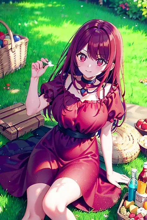 A red haired woman with red eyes with an hourglass figure in a cute summer dress is picnicking in the park