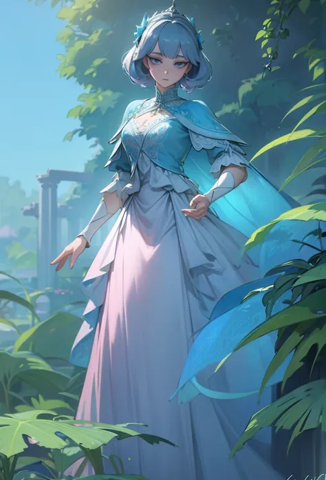 a beautiful princess in a lush garden, vibrant blue sky, detailed face and eyes, volumetric lighting, intricate details, photorealistic, high class fashion, masterpiece, professional digital art, cinematic color palette, using a palette of light pink, mute...