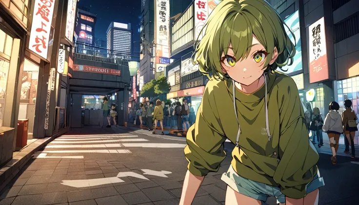 short hair,SOLO,mischievous,anime,looking at the camera,16years old, olive color hair, TOKYO city, fashion model posing, olive color eyes, shorts, Sweatshirt, night, upturned eyes, cowboy shot