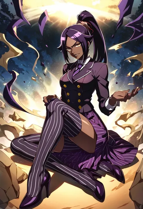  Full body Yoruichi as a thin Black business woman in a double breasted pinstripe purple  skirt suit while wearing a tie with a very long purple pinstripe skirt and with purple knee sock’s wearing purple heels while sitting full art anime 